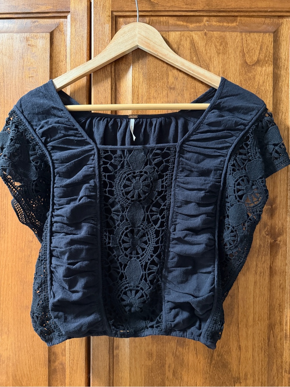 Free People Black Crochet Ruffle Boho Top